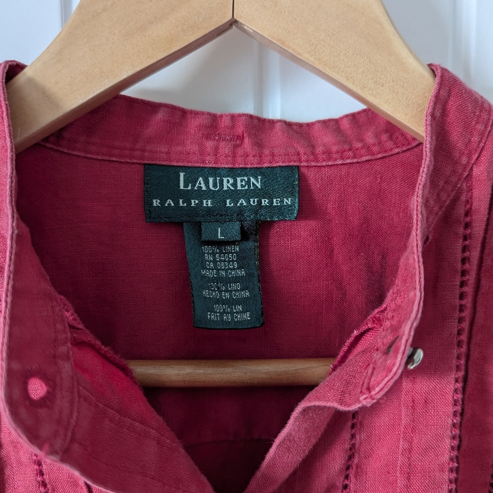 Ralph Lauren Red Linen Button-Front Pintuck Blouse Size Large - Picture 7 of 9